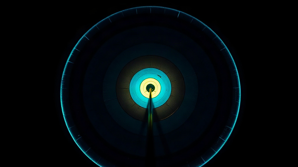 Night range with a lit archery target and a single arrow in the gold
